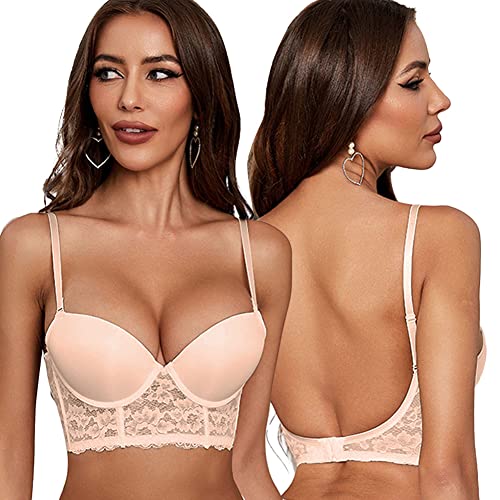 Damen BH mit niedrigem Rücken, nahtloser Push-Up-BH, U-Form, tiefer Schnitt, Multiway-Spitze, rückenfreier BH, Beige, 85C von VarsBaby