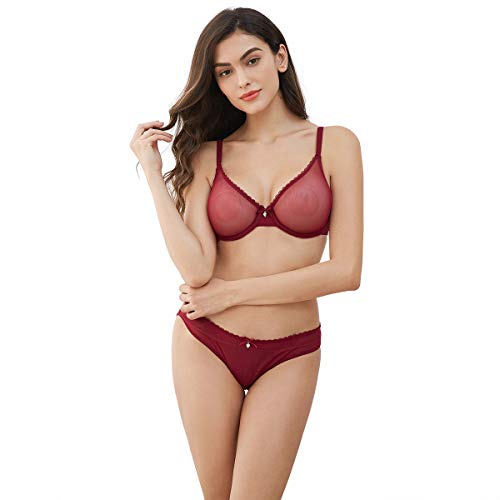 Varsbaby Damen-BH mit durchsichtiger Spitze, Push-Up-BH, transparent, Rot mit Tanga, 80B von VarsBaby