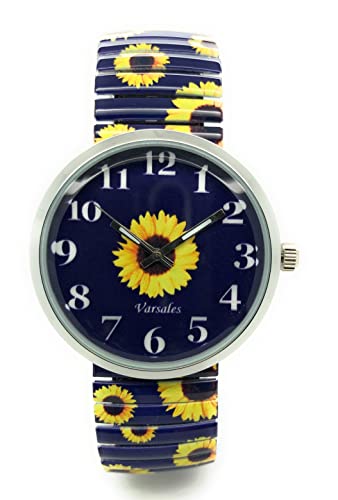 Varsales Damen-Armbanduhr, Blumenmuster, elegant, elastisch, analog, Quarz, modisch, mit Blumenmuster, Sonnenblume 2 von Varsales