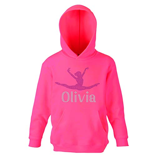 Kapuzenpullover für Mädchen, Gymnastik, personalisierbar, mit Strasssteinen, Premium-Pullover, Pink / Hot Pink., 7-8 Jahre von Varsany