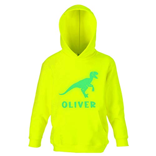 Personalisierter Dinosaurier-Kapuzenpullover für Jungen, Vinyl, leuchtet im Dunkeln, Gelb / Veloc Glow, 7-8 Jahre von Varsany