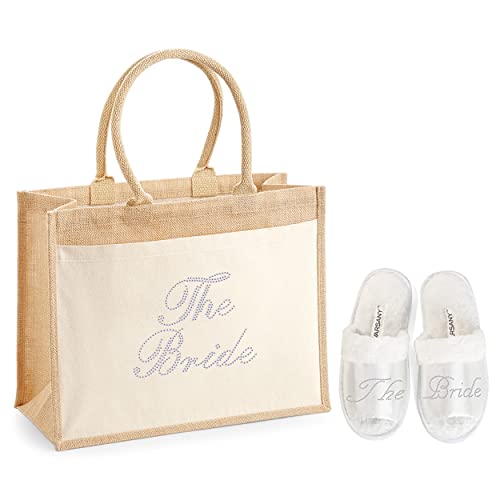 Varsany Hochzeit Luxus Mode Tragetasche Jute Tasche mit Tasche und Pantoffel Set Braut Junggesellinnenabschied Geschenktüten Handgemachte Taschen für Frauen Geeignet für Lebensmittel Reisen Die Braut von Varsany