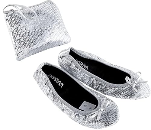 Varsany Roll Up Pailletten Silber Schuhe - Faltbare Pumps Flats Ballett Tanz Damen After Party Schuhe mit Faltbarer Tasche - Damen Flache Schuhe, silber, Small von Varsany