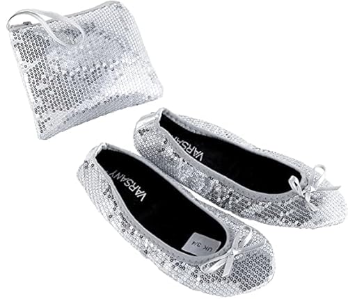 Varsany Roll Up Satin Schuhe - Faltbare Pumps Flats Ballett Tanz Damen After Party Schuhe mit Faltbarer Tasche - Damen Flache Schuhe, silber, Large von Varsany