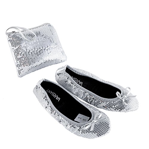 Varsany Roll Up Satin Schuhe - Faltbare Pumps Flats Ballett Tanz Damen After Party Schuhe mit Faltbarer Tasche - Damen Flache Schuhe, silber, Medium von Varsany