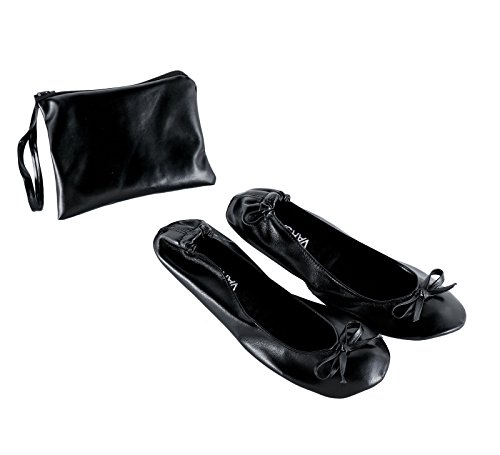 Varsany Roll Up Satin Schuhe - Faltbare Pumps Flats Ballett Tanz Damen After Party mit Tasche Damen Flach, Schwarz , Small von Varsany