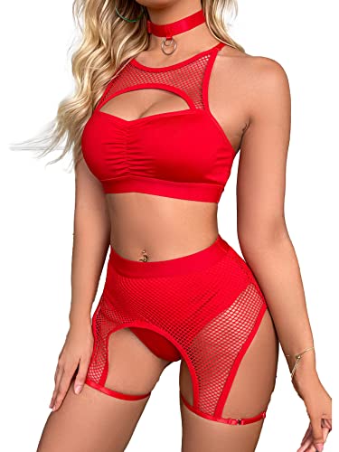 VasedGins Verführerisches Damen-Dessous-Set mit Wimpernspitze, Fischnetz - BH, Panty und Strumpfgürtel, Damen Sexy Wimpern Fischnetz Dessous Set Kette Babydoll BH (Rot,S) von VasedGins