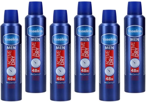 6x Vaseline MEN Active Dry ProDerma 48h Deodorant Spray ohne Alkohol, XXL 250ml (6er Pack) von Vaseline
