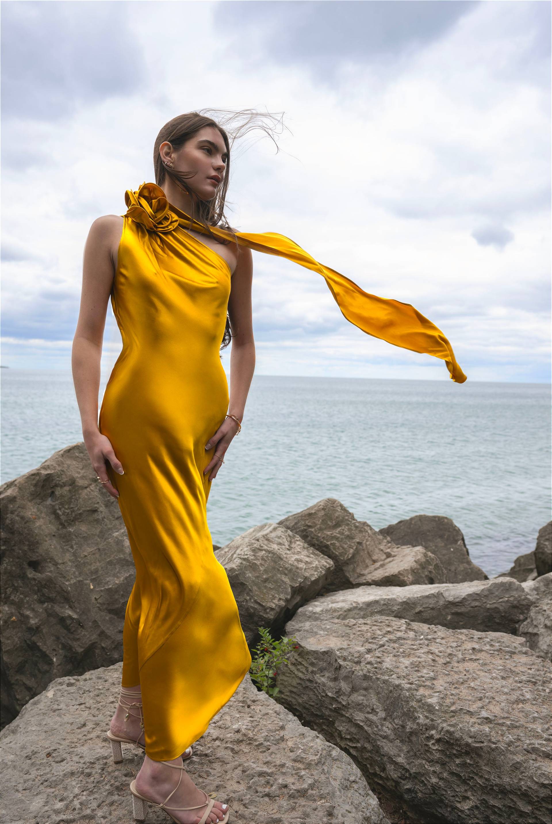 Amal Silk Slip Dress with Floral Corsage - Yellow - XS - Vasiliki - Midi dresses von Vasiliki