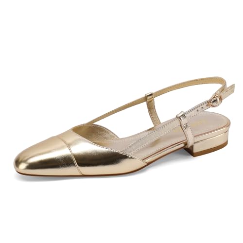 Vaslemuse Damen-Sandalen, Slingback, flach, Doppelriemen, Block, niedriger Absatz, zweifarbig, klassische Schuhe mit Schnalle, Gold, 38.5 EU von Vaslemuse