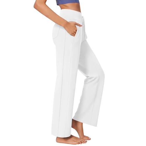 Bequeme Hose Damen, Jogginghose Damen Baumwolle Shape Hose Elastisch Weite Bootcut Lang Jazzpants Mit Taschen Und Kordelzug Hohe Taille Hose Schlaghose Activewear Yoga Pants Leggings (Weiß,M) von Vasreyy
