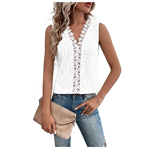 Bluse Damen Kurzarm sexy Tops Damen weißes Oberteil Damen Einfarbig Spitze Patchwork Cutout Weste Tops Tank Top Sommer Casual Basic Ärmellos V-Ausschnitt Unterhemden t-Shirt weiß (Weiss, M) von Vasreyy