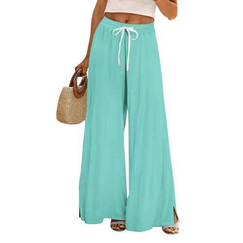 Business Outfit DamenJogpants Damen Elegant Stoffhose Schlitz Lang Sommerhose Mit Taschen Und Tunnelzug Sommer Stretch Hohe Taille Weites Bein Freizeit Locker Sporthose(Türkis,XXL) von Vasreyy