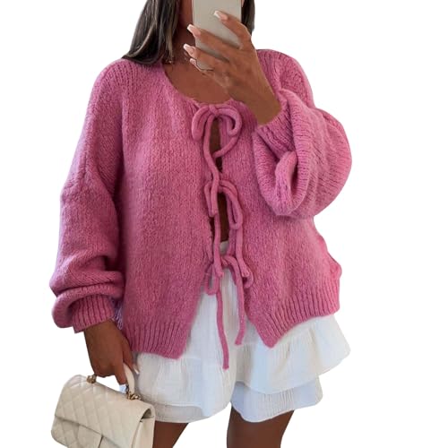 Cardigan Damen Lang Y2K Grobstrick Mit Schnürung Vorne Und Schleife Einfarbig V-Ausschnitt Lange Puffärmel Weiche Warme Winter(Hot Pink, L) von Vasreyy