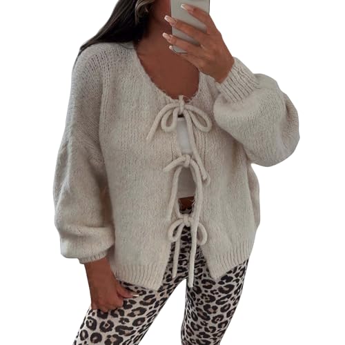 Cardigan Damen Y2K Grobstrick Mit Schnürung Vorne Und Schleife Einfarbig V-Ausschnitt Lange Puffärmel Weiche Warme Winter(Beige, S) von Vasreyy