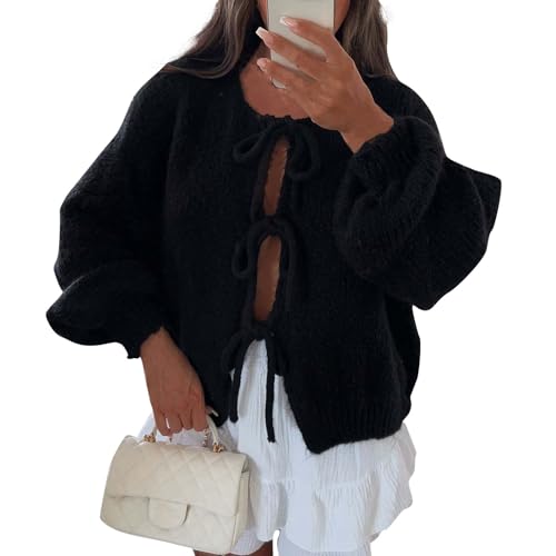 Damen Cardigan Y2K Grobstrick Mit Schnürung Vorne Und Schleife Einfarbig V-Ausschnitt Lange Puffärmel Weiche Warme Winter(Schwarz, S) von Vasreyy