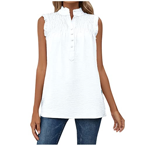 Damen Oberteile Tank top Damen kurz spagettiträgershirts Einfarbig Stehkragen Plissiert Patchwork Tanktop Chiffon Bluse mit Knöpfen Sommer Ärmellos Tunika Blusentop t Shirts weiß(Weiss, M) von Vasreyy