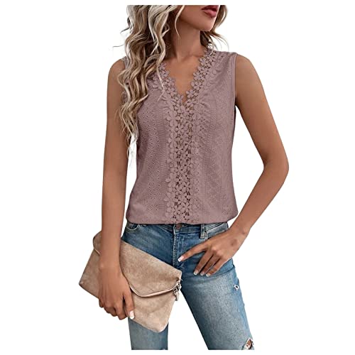 Damen Slim fit Sommerkleid Shirt Damen elegant Damen Bluse Sommer Einfarbig Spitze Patchwork Cutout Weste Tops Tank Top Sommer Casual Basic Ärmellos V-Ausschnitt Unterhemden Tshirt (Verrotten, M) von Vasreyy