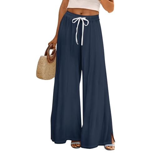 Damenhosen Damen Jogginghose Elegant Schlitz Lang Sommerhose Mit Taschen Und Tunnelzug Sommer Stretch Hohe Taille Weites Bein Stoffhose Freizeit Locker Sporthose (Marine,XXL) von Vasreyy