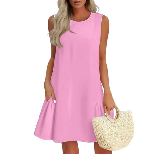 Dresses for WomenSommerkleid Damen Musselin Kleid Elegant Rüschen Einfarbig Ärmellos Rundhals Cut-Outs Knopfleiste Hinten Kurz Minikleid Mit Taschen Festliche Kleider Für Mollige(Rosa,S) von Vasreyy
