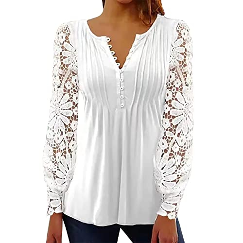 Funktionsshirt Damen Schulterfrei Oberteil Damen Cropped Shirt Damen Frauen Einfarbig Hollow Out Spitzenärmel Button Down V-Ausschnitt Langarm Bluse Spitzennähte Oberteile Trachten Oberteil Damen von Vasreyy