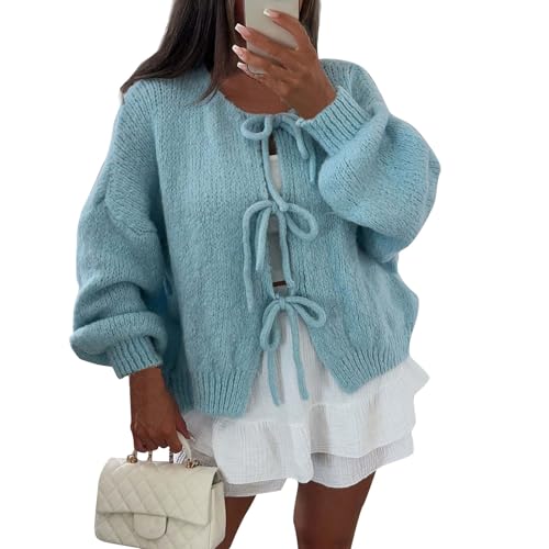 Grobstrickjacke Damen Y2K Grobstrick Mit Schnürung Vorne Und Schleife Einfarbig V-Ausschnitt Lange Puffärmel Weiche Warme Cardigan Winter(Blau, M) von Vasreyy