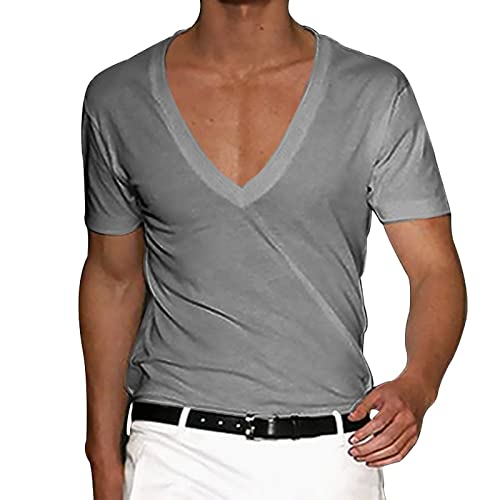 Hemd Herren Langarm Langarmshirt Herren herrenhemd Kurzarm Einfarbig Tiefer V-Ausschnitt Kurzarm T-Shirts Sport Shirt Frühling und Sommer Casual Kurzarmshirt Tees Oberteile (Hellgrau, XXL) von Vasreyy