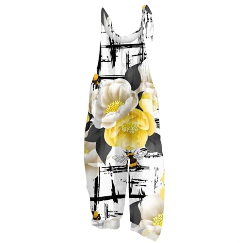 Jumpsuit Damen Sommer9Er Jahre Outfit Sonnenblume Bunte Drucken Verstellbare Träger Lang Ärmellos Latzhose Lose Overalls Mit Große Taschen Boho Leinen Oversize Lässiger Playsuit(Yellow,Xl) von Vasreyy