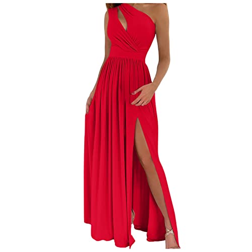 Kleid Damen elegant Umstandsmode Kleid Kleid 21er Jahre Damen Eine Schulter Schulterfrei Rückenfrei Seitenschlitz Abendkleider Bodenlang Kleider cocktailkleid (Rot, XL) von Vasreyy