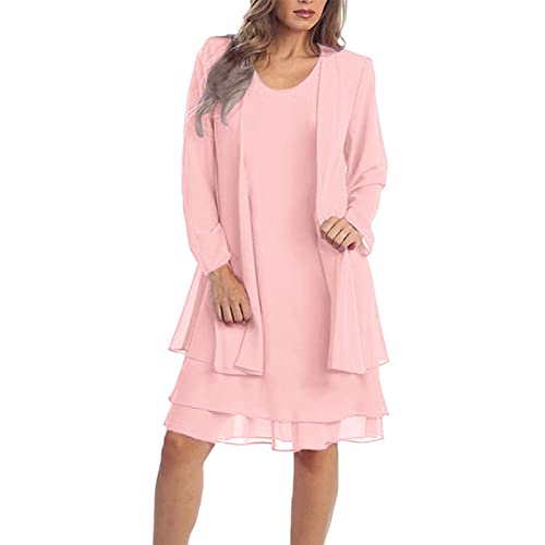 Kleid schwarz Damen Sommer Elegante Kleider zur Hochzeit Zweiteiler Einfarbig Spitze Lange Ärmel Chiffon Midikleid Rundhalsausschnitt Knielang Blusenkleid a Linie(Rosa, 3XL) von Vasreyy