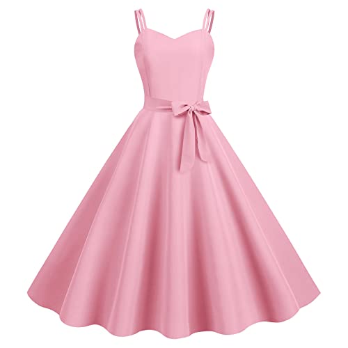 Kleider Damen Sommer Musselin Kleid Sommerkleid Lang 5Er Jahre Rockabilly Einfarbig Spaghettiträger Mit Gürtel Festlich V-Ausschnitt Ärmelloses A-Linie(L, Rosa) von Vasreyy