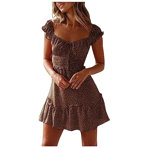 Kleider SexySommerkleid Damen Kurz Elegant Blumendruck Rüschen Kurzarm Strandkleid Mit Kordelzug Hohe Taille Gesmoktes Elastische Minikleid A-Linie Lässig Tunika Freizeitkleid(Braun,S) von Vasreyy
