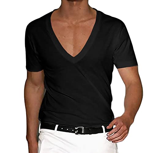 Leinenhose Herren Herren-unterhemden Langarmshirts für Herren Einfarbig Tiefer V-Ausschnitt Kurzarm T-Shirts Sport Shirt Frühling und Sommer Casual Kurzarmshirt Tees Tshirt Herren (Schwarz, XXL) von Vasreyy