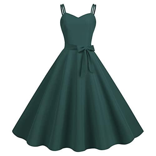 Maxikleider Damen Sommer Neckholder Kleid Sommerkleid Lang 5Er Jahre Rockabilly Einfarbig Spaghettiträger Kleider Mit Gürtel Festlich V-Ausschnitt Ärmelloses A-Linie von Vasreyy