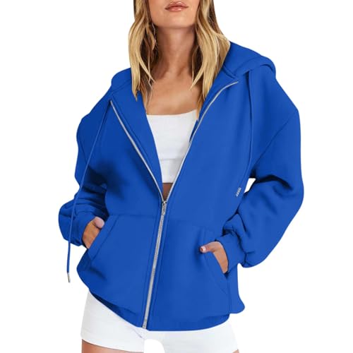 Oversize Pullover Damen Sweatjacke Hoodie Teenager Mädchen Sportjacke Oversized Einfarbige Mit Kapuze Reißverschluss Kapuzenpullover(Blau, Xl) von Vasreyy