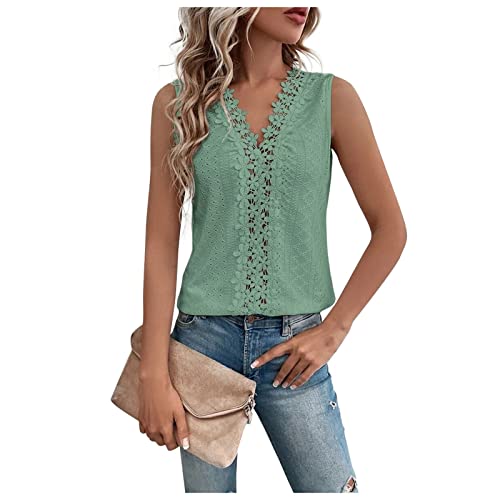 Oversize Shirt Damen Oberteile Damen Sommer Damen Oberteile Grosse grössen Einfarbig Spitze Patchwork Cutout Weste Tops Tank Top Sommer Casual Basic Ärmellos V-Ausschnitt Unterhemden (Grün, XL) von Vasreyy