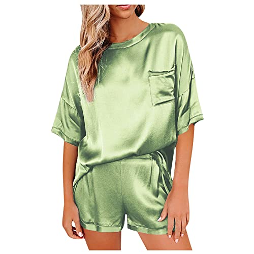 Pyjama Damen Kurz Elegant Einfarbig Kurzarm Rundhals Zweiteiliger Anzug Pyjama Sommer Casual Lässiger Hauskleidung Bequem Basic Fit T-Shirt Shorts Anzug Schlafanzug Sexy Nachtwäsche Große Größen von Vasreyy