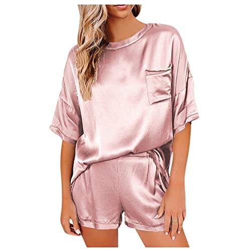 Pyjama Damen Kurz Elegant Einfarbig Kurzarm Rundhals Zweiteiliger Anzug Pyjama Sommer Casual Lässiger Hauskleidung Bequem Basic Fit T-Shirt Shorts Anzug Schlafanzug Sexy Nachtwäsche Große Größen von Vasreyy