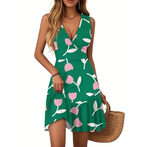 Schicke SommerkleiderWeißes Kleid Damen Strandkleid Freizeitkleid V-Ausschnitt Blumenmuster Rüschen Ärmellos Minikleid Sommer Boho Falten Saum Kurze Tank Lässig Locker Blumenkleid(Dunkelgrün,M) von Vasreyy