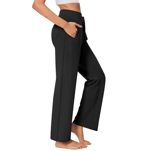 Schlaghose Damen, Cellulite Leggings Baumwollhose Elastisch Weite Bootcut Lang Jazzpants Mit Taschen Und Kordelzug Hohe Taille Hose Schlaghose Activewear Yoga Pants Leggings Sporthose (Schwarz,S) von Vasreyy