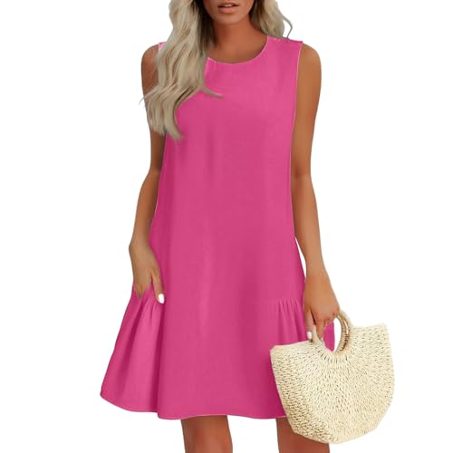 Sommerkleidung DamenBlusenkleid Mittelalter Kleid Elegant Rüschen Einfarbig Ärmellos Rundhals Cut-Outs Knopfleiste Hinten Kurz Minikleid Mit Taschen Kleiderdamen Knielang(Knalliges Pink,XXL) von Vasreyy