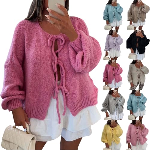 Strickjacke Damen Herbst Y2K Grobstrick Mit Schnürung Vorne Und Schleife Einfarbig V-Ausschnitt Lange Puffärmel Weiche Warme Cardigan Winter(Rosa, M) von Vasreyy
