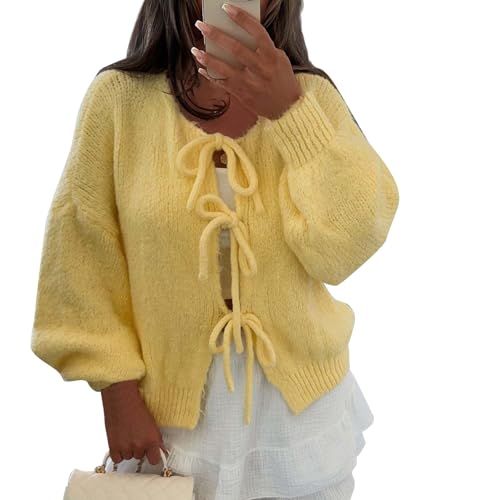 Strickjacke Damen Y2K Grobstrick Mit Schnürung Vorne Und Schleife Einfarbig V-Ausschnitt Lange Puffärmel Weiche Warme Cardigan Winter(Gelb, M) von Vasreyy