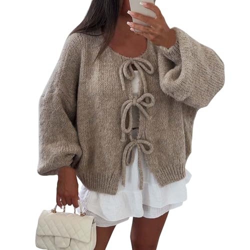 Strickjacke Damen Y2K Grobstrick Mit Schnürung Vorne Und Schleife Einfarbig V-Ausschnitt Lange Puffärmel Weiche Warme Cardigan Winter(Khaki, S) von Vasreyy