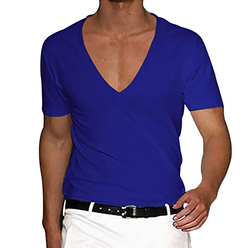 Tanktop Herren t Shirts männer Mittelalter Hemd Herren Einfarbig Tiefer V-Ausschnitt Kurzarm T-Shirts Sport Shirt Frühling und Sommer Casual Kurzarmshirt Tees leinenhemd (Königsblau, M) von Vasreyy