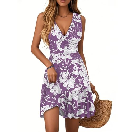 Vasreyy A Linien Kleid Damen SommerElegantes Sommerkleid Strandkleid Freizeitkleid V-Ausschnitt Blumenmuster Rüschen Ärmellos Minikleid Sommer Boho Falten Saum Kurze Tank(Lila,XL) von Vasreyy