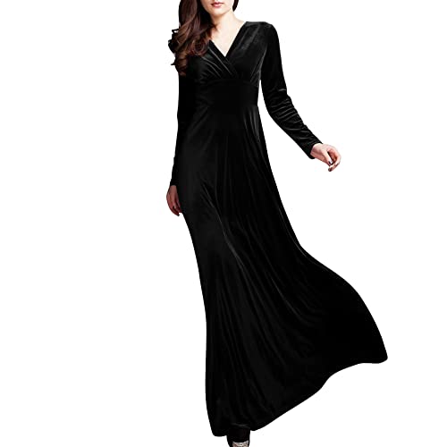 Vasreyy Abendkleider Elegant Für Hochzeit Pulloverkleid Damen Winter Vokuhila Kleid Einfarbig V-Ausschnitt Knöchel Samtkleid Hohe Taille Abendkleid Lang Elegant Velvet Maxikleid (Schwarz,XL) von Vasreyy