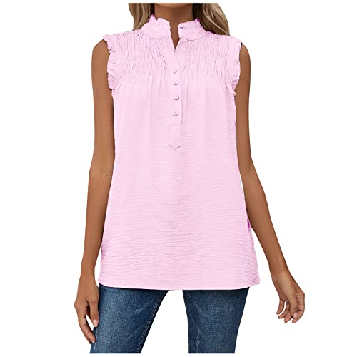 Vasreyy Basic Shirt Damen ärmellose Bluse Damen strickbluse Damen Einfarbig Stehkragen Plissiert Patchwork Tanktop Chiffon Bluse mit Knöpfen Sommer Ärmellos Tunika Blusentop Weiss (Rosa, XXL) von Vasreyy