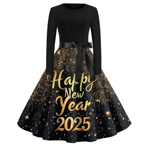 Vasreyy Black Longpullover Für Damen Kleid Vintage Weihnachten Happy New Year 225 Weihnachtskleid Weihnachtlich Bedruckt Cocktailkleid Karneval Partykleid Women Dresses Elegant von Vasreyy