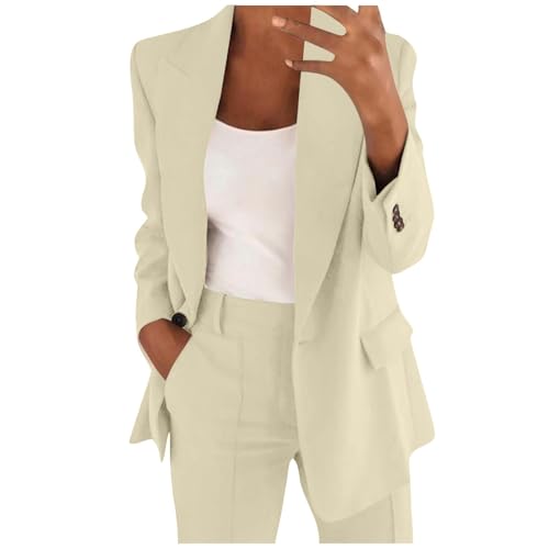 Vasreyy Blazer DamenEinfarbig Ärmel Überdimensioniert Revers Geschäft Büro Mit Tasche Damen Lang Tailliert JackeJacket(Beige, XL) von Vasreyy